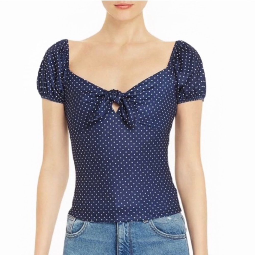 Aqua Tie Front Crop Top Polka Dot Navy Blue and White Size Large